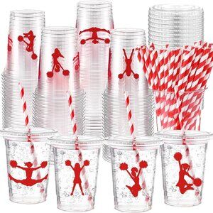 Yungyan 50 Sets Cheerleading Plastic Cups with Lids and Straws, 16 oz
